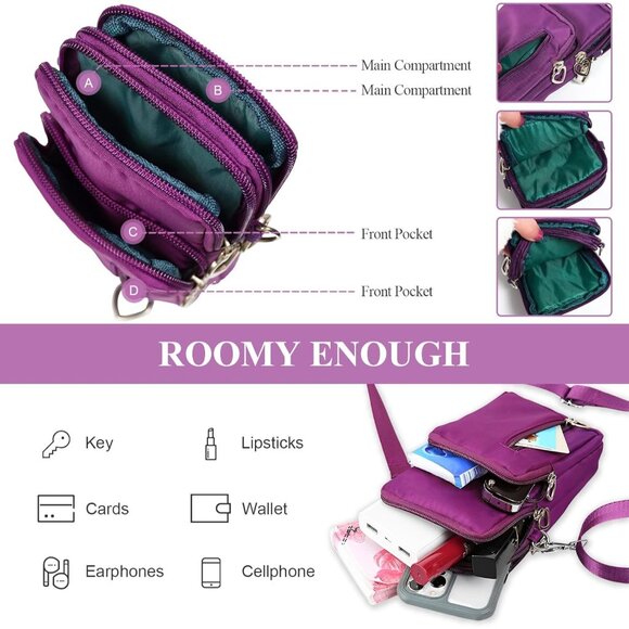 Women's Purple 2 Small Crossbody Waterproof Nylon Purse Mini Shoulder Travel Bag - Picture 6 of 7
